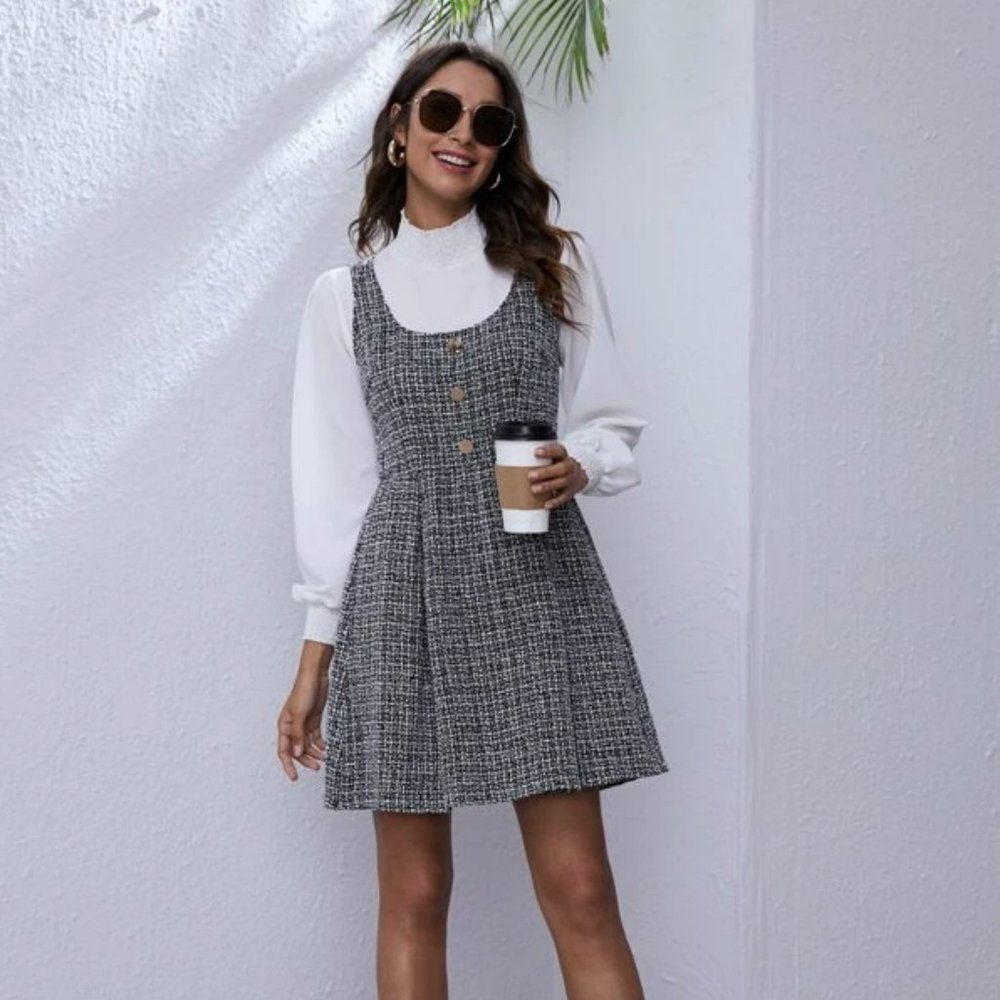 shein tweeded pleated overall dress